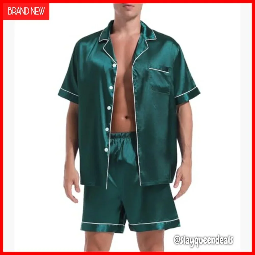 Satin Pajama Set Short Sleeve Button Down Lounge Sleepwear 2 Piece